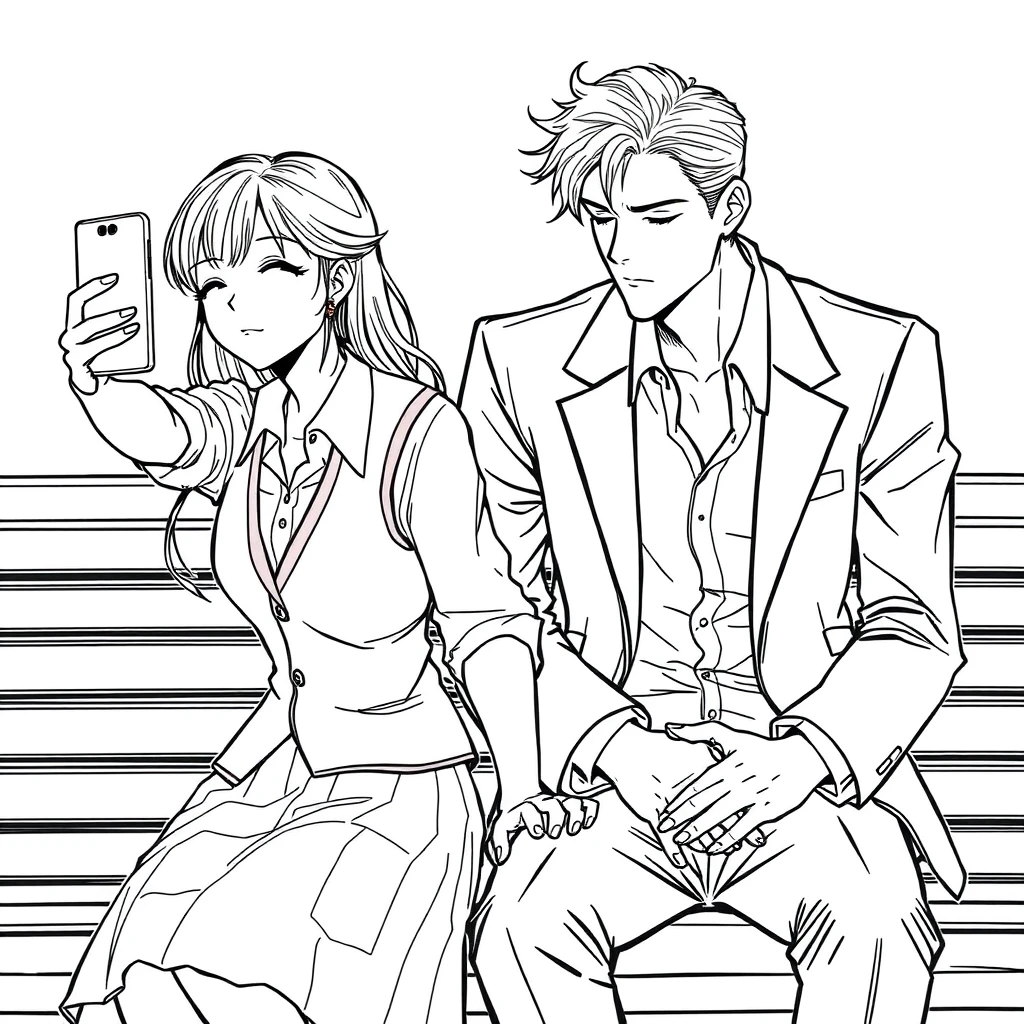 A girl in a shirt and vest and a skirt took a selfie with her phone. A boy leaned on her shoulder; he is tall and handsome, wearing an open suit. He closed his eyes and is sleeping. They sat on a bench, their hands intertwined. Line art. - Image