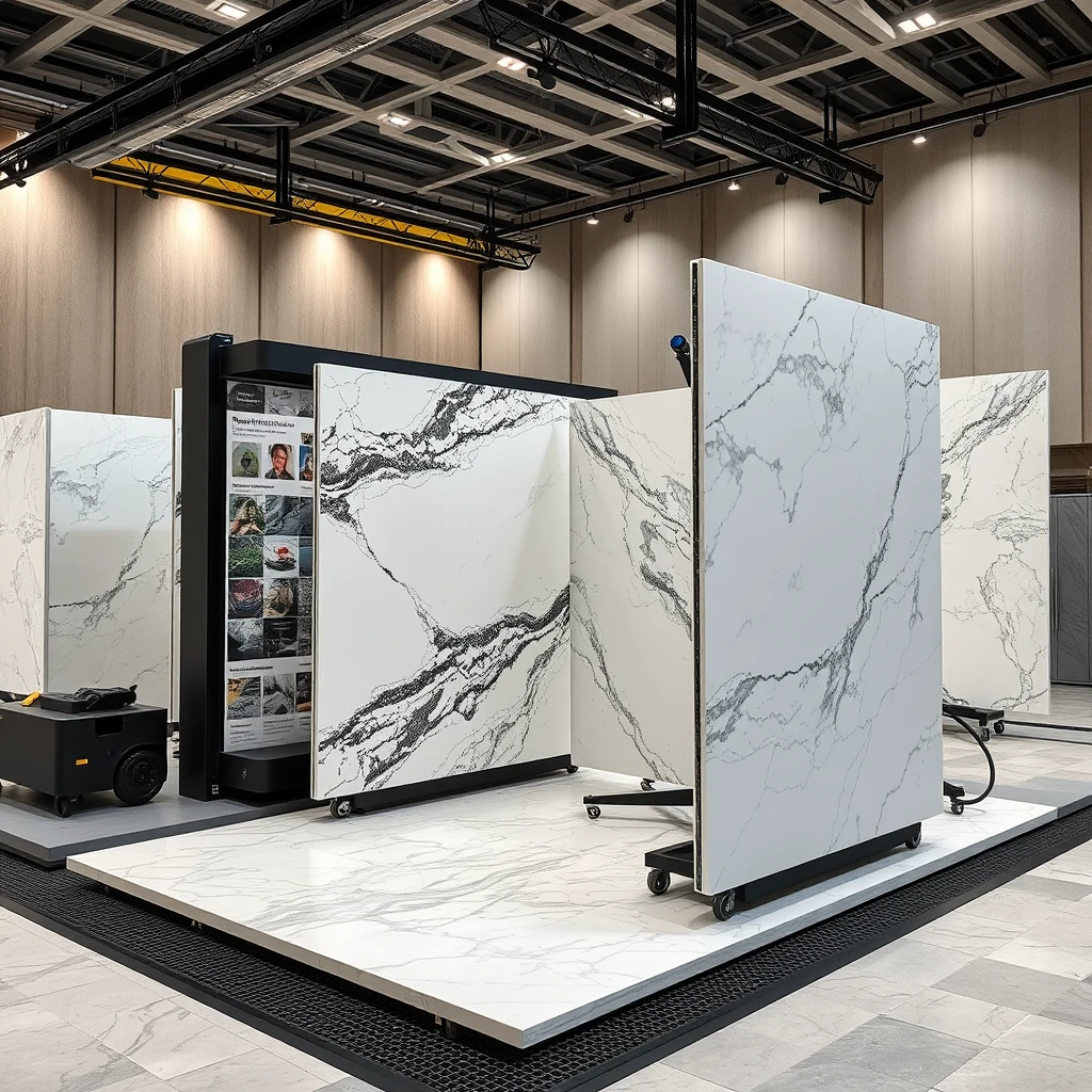 Smart, stylish automated display system that can hold large 4-meter-sized polished marble panels which can be carried to the display arena using a combination of overhead rails and AGVs, automatically arranging into an L-shaped bookmatch format upon arrival, for the best viewing experience.