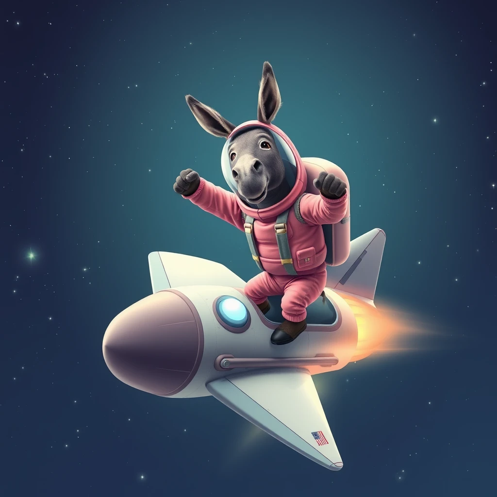 An ambitious donkey wearing pink astronaut costume, riding on a stunning spaceship, making a punching gesture, flying to the outerspace under a clear night sky with lots of shining stars. Realistic style.