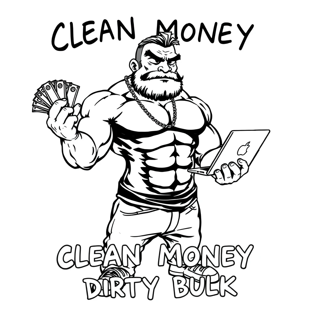 Black ink comic monochromatic style of a muscular gigachad holding a wad of cash and a MacBook. Text says “Clean Money Dirty Bulk”. - Image