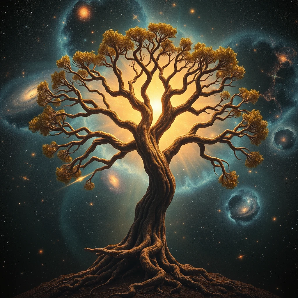 Ancient tree of life, branches reaching into the cosmos filled with galaxies and nebulae. - Image