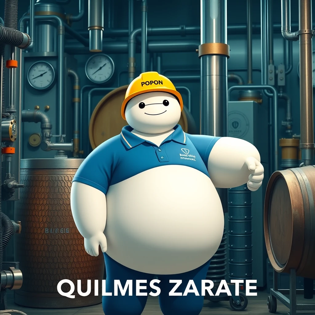 Baymax in a beer bottling plant surrounded by machinery, a barrel, gauges, dressed in a blue polo uniform, the logo of the international company Bureau Veritas, blue jeans, and wearing a yellow helmet that has the word POPON written on it, with a caption below in beautiful letters saying QUILMES ZARATE.