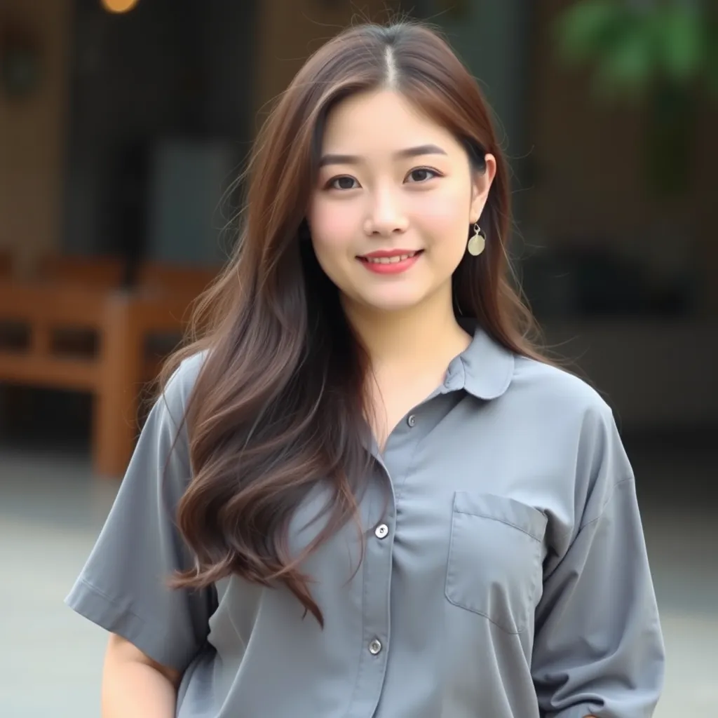 A beautiful Korean woman, Ulzzang, wearing a gray shirt, K-pop, beauty standard, slightly overweight. - Image