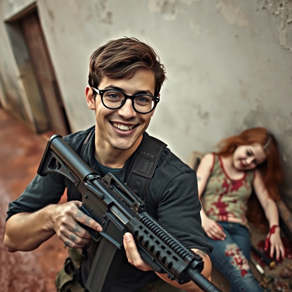 Smiling 20-year-old Italian man with round glasses, reloading an assault rifle and looking at the camera; young thin redhead girl slumped against a wall in the background, full of bullet holes and bleeding, on a red dirt muddy street.