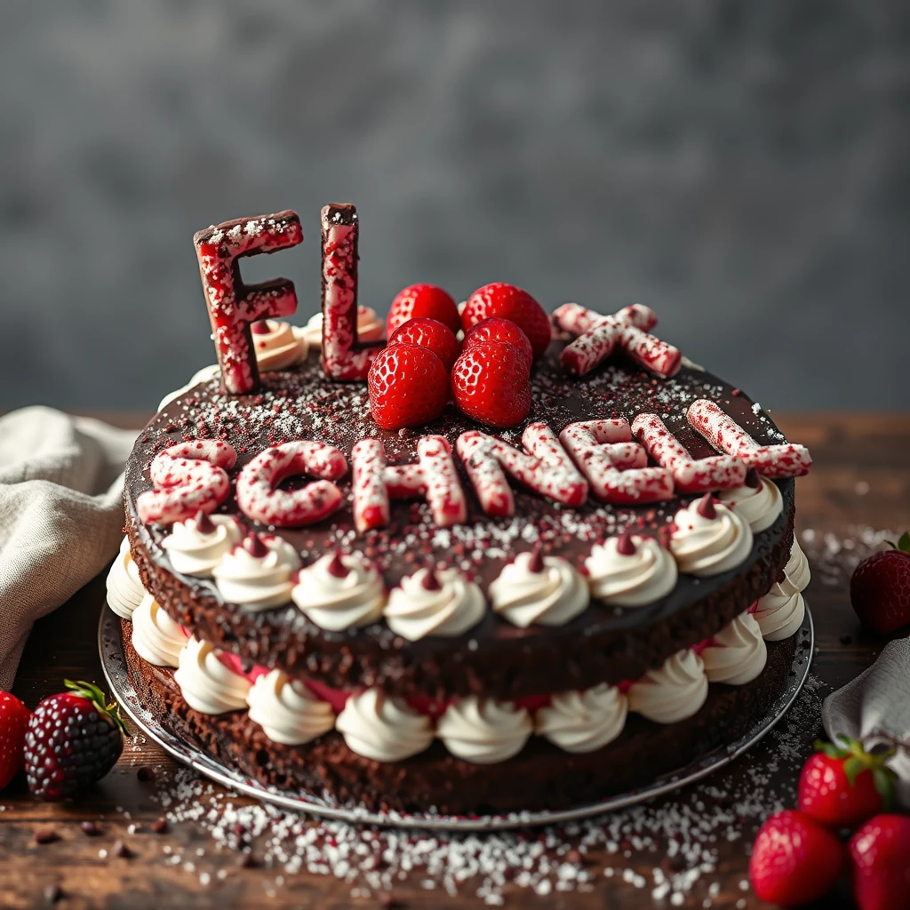 black forest gateau cake spelling out the words "FLUX SCHNELL", tasty, food photography, dynamic shot - Image