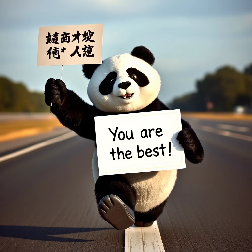 A personified panda is running on the runway, holding up a sign that reads "You are the best" in Chinese. - Image