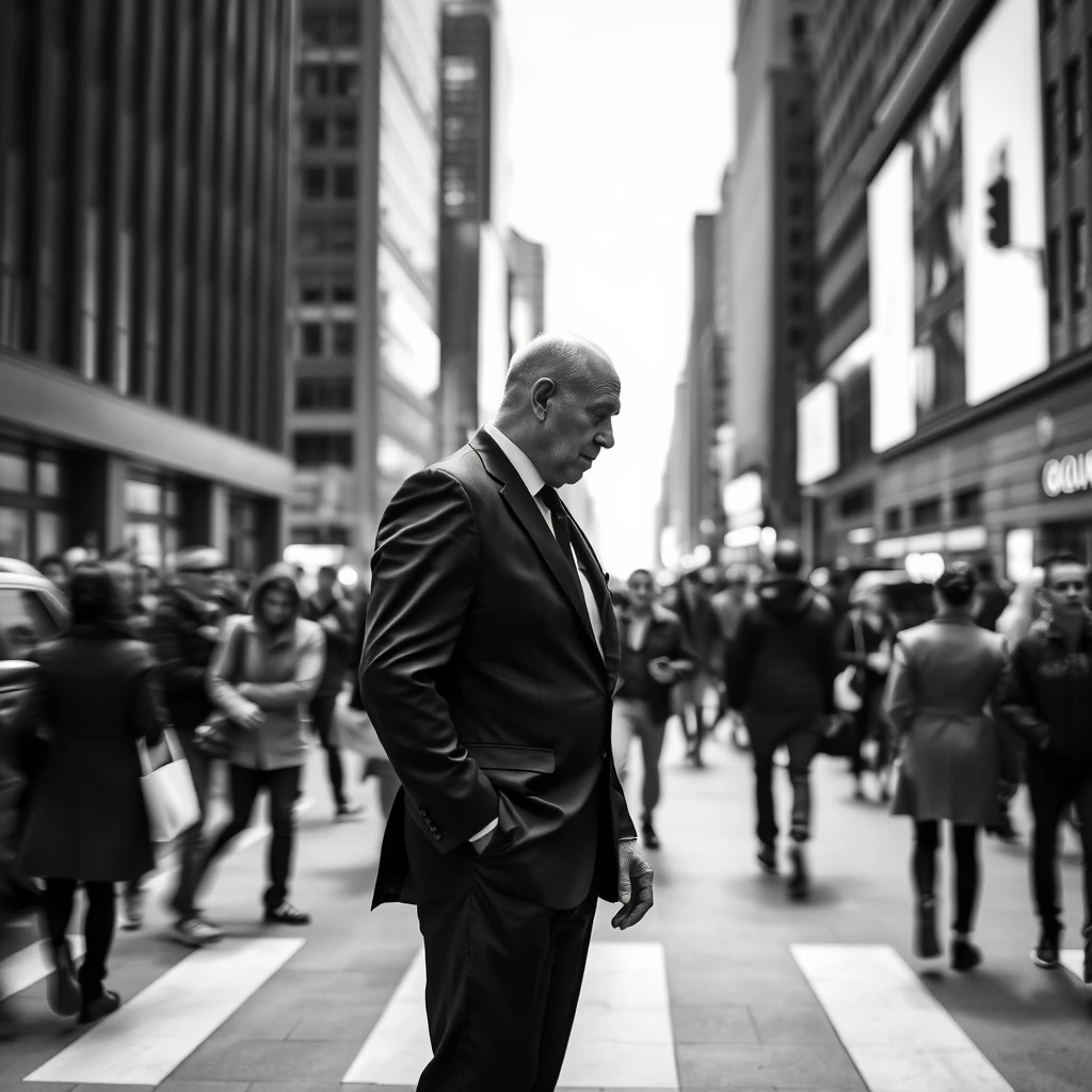 A high-contrast photograph of a figure in a stiff, formal suit, standing in a bustling city square, symbolizing tension. Monochrome palette, sharp focus on the figure against a motion-blurred crowd. Created Using: black and white photography, urban stress theme, stark lighting, clear subject focus, blurred motion background, intense expressions, dramatic atmosphere, hd quality, natural look. - Image