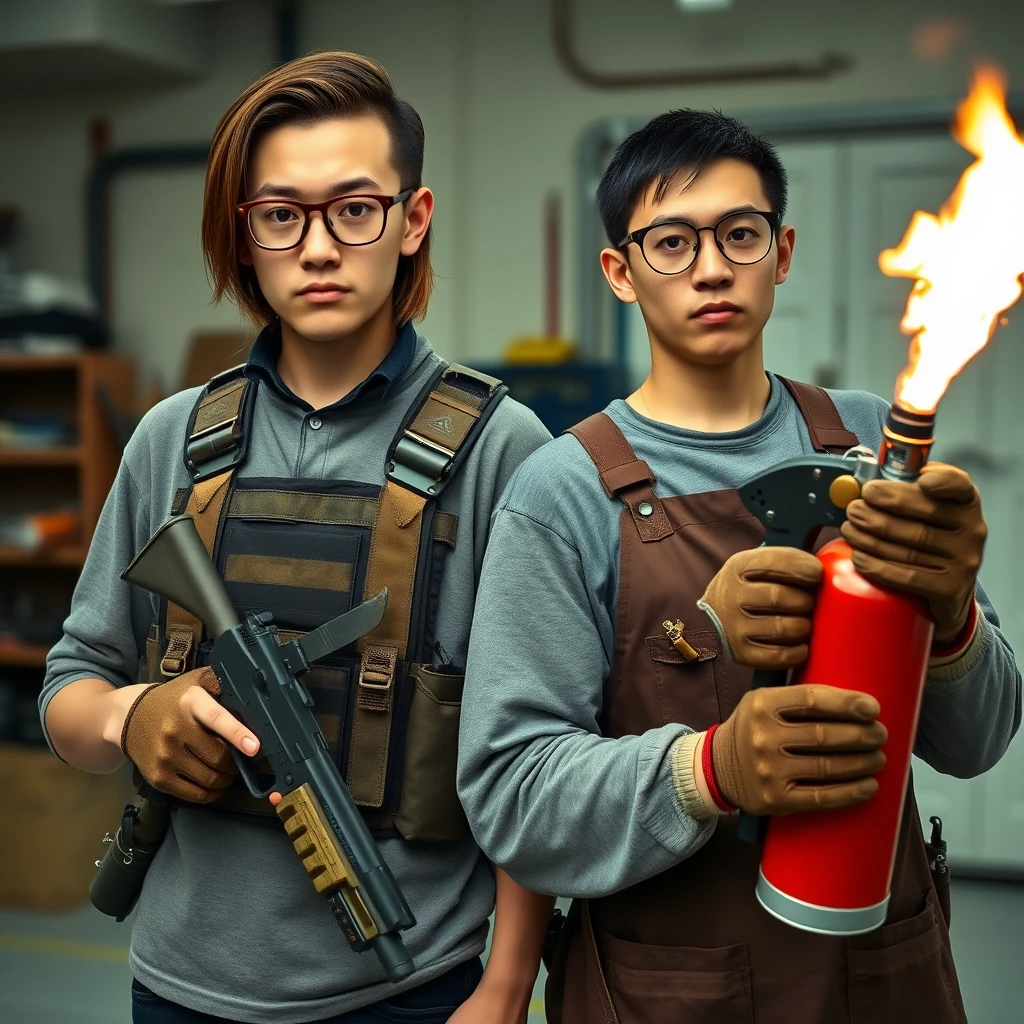 21-year-old white thin long-faced young adult Northern Chinese man with a square chin, wearing square glasses, holding a pistol, "medium/long length hair," tactical chest rig; 21-year-old Caucasian Italian man wearing round glasses and short hair holding a very large fire extinguisher flamethrower, welding apron, and welding gloves; garage setting; both angry. - Image