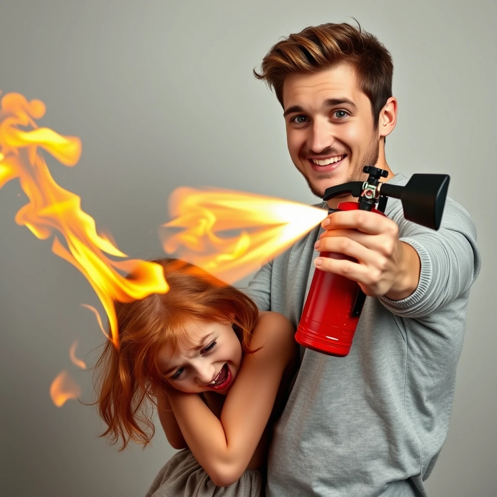 20-year-old smiling white Italian man holding a "fire extinguisher flamethrower," pointing at a "screaming green-eyed redhead girl in a fetal position, crying, engulfed in flames."