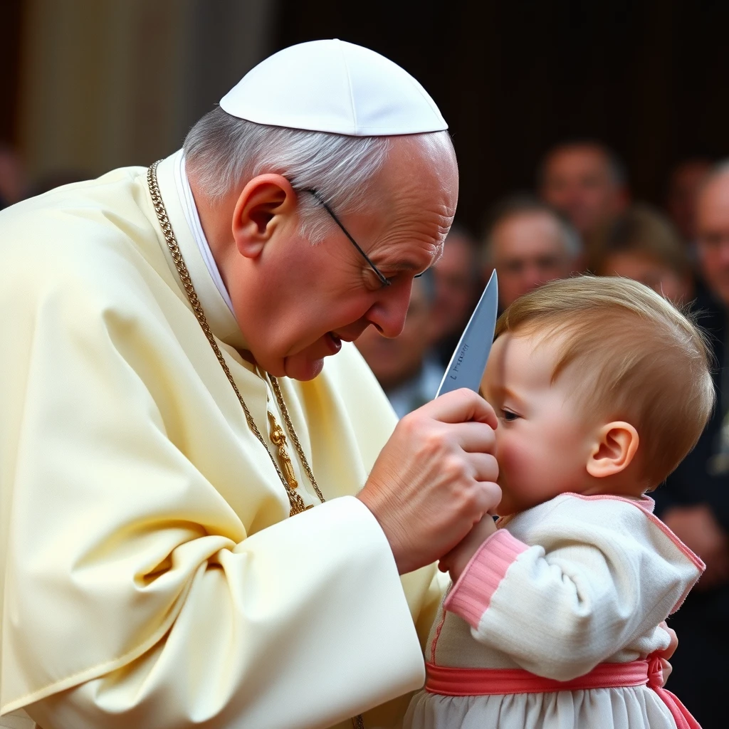 John Paul II is fighting with a small baby using a knife, photo, pope.