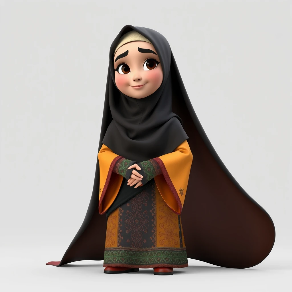 A 3D, 8k animated cartoon depiction of a Muslim woman from Palembang, wearing a traditional long songket and a long gown (gamis). She is adorned with a hijab that covers her chest and wears batik gloves covering her hands. - Image