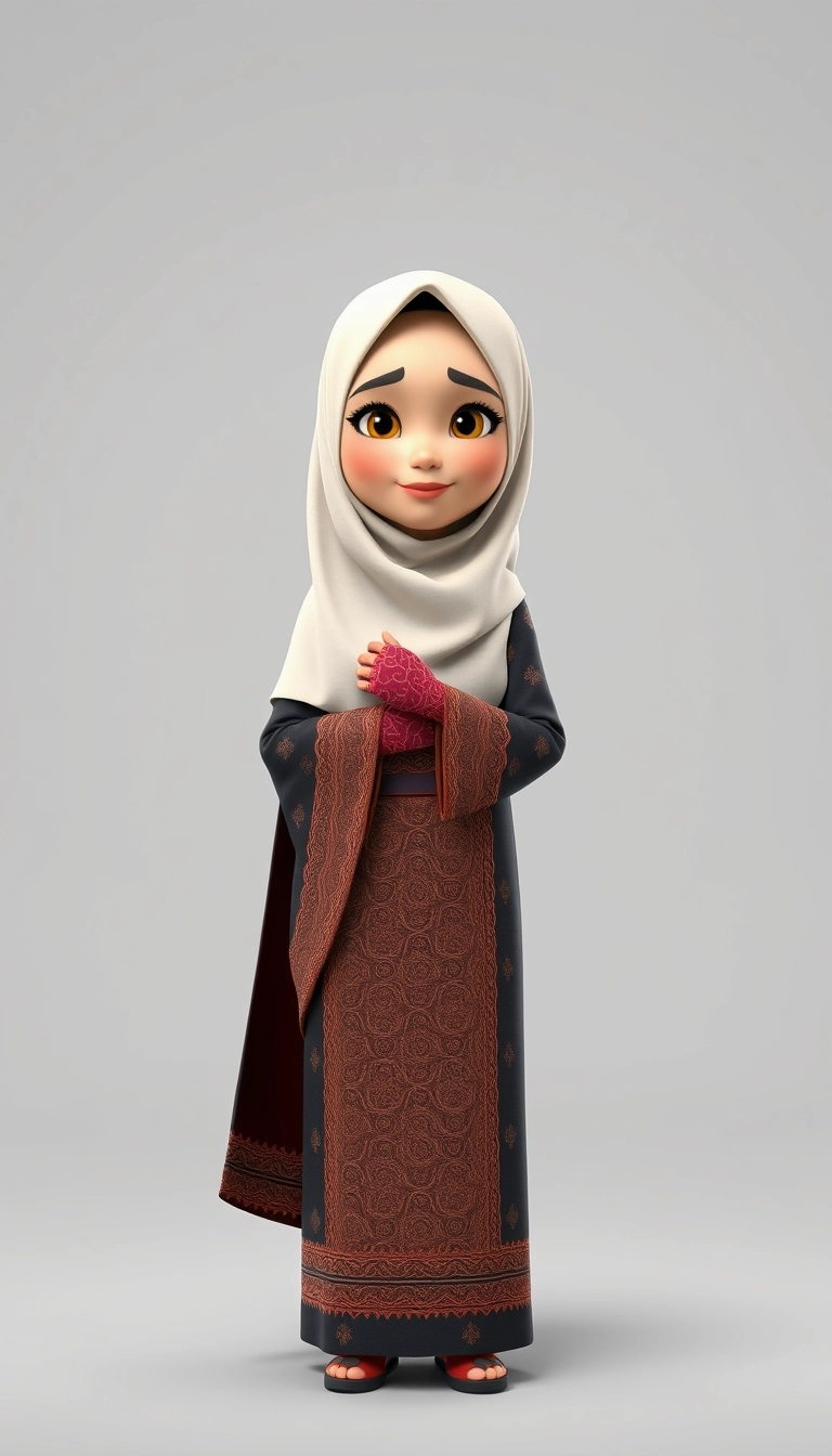 A 3D, 8k animated cartoon depiction of a Muslim woman from Palembang, wearing a traditional long songket and a long gown (gamis). She is adorned with a hijab that covers her chest and wears batik gloves covering her hands. - Image