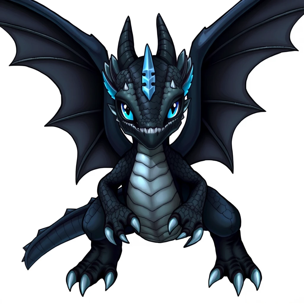 dragon with black scales, blue eyes, and silver underbelly. 2 wings, 4 legs. - Image