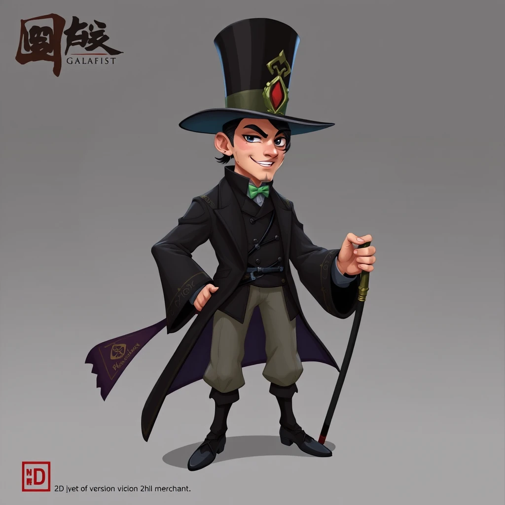 A 2D, Q-version merchant named Xiaohzi, wearing a tall black hat and holding a cane, looks glamorous and has a sly smile on his face.