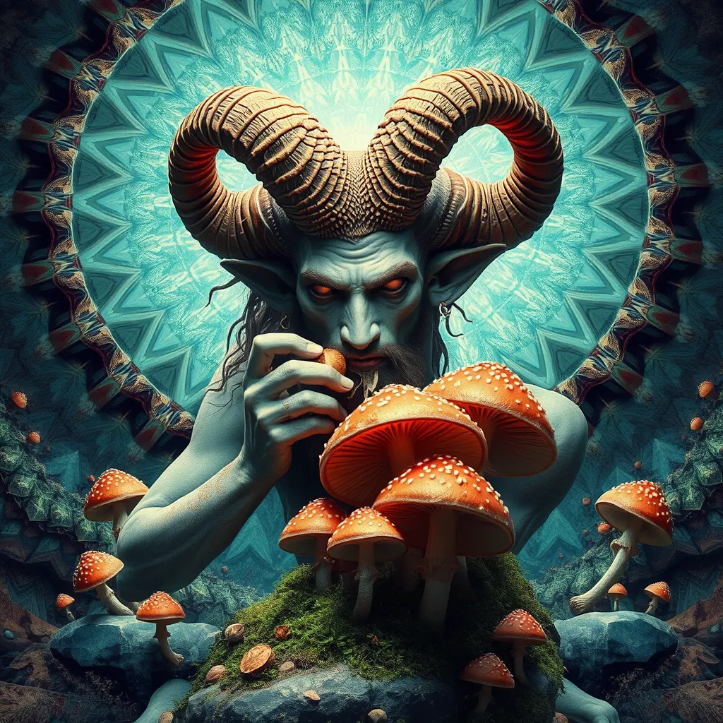 satyr eating mushrooms and breaking through to another dimension full of geometric fractal patterns, hd photography - Image