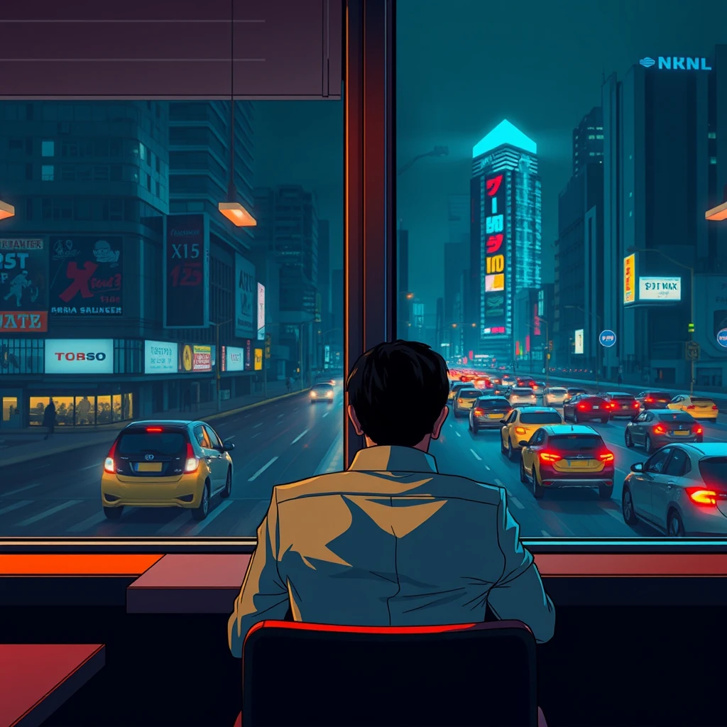 'During the late night rush hour, an office worker is sitting with their back to the camera inside a restaurant. Outside the window is the city night scene and traffic. Wide-angle lens, cyberpunk animation style.' - Image