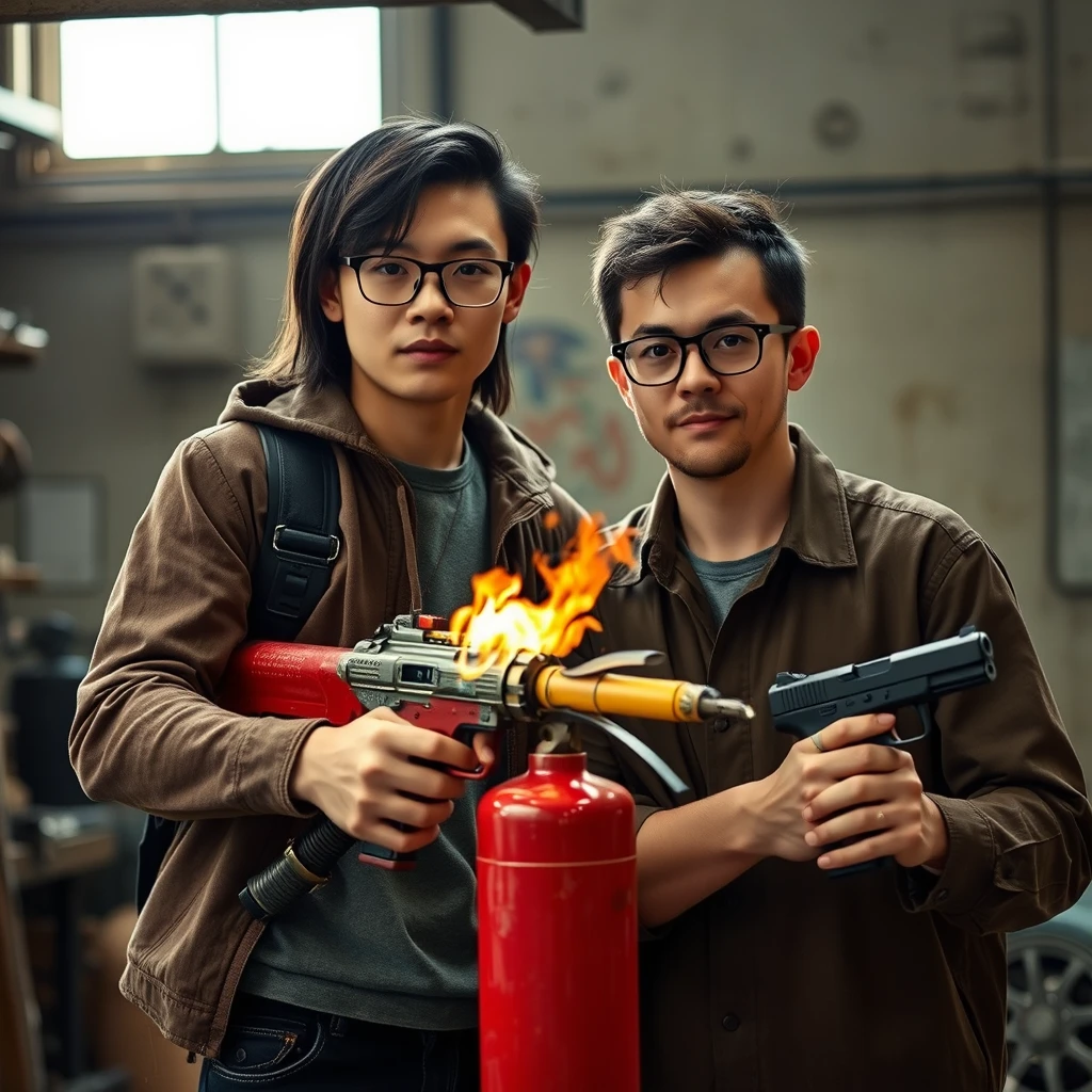 A 21-year-old white Chinese man with square prescription glasses and mid/long hair, and a 20-year-old white Italian man with round prescription glasses and short hair, are together in a setting that resembles an old garage. The Italian man has a firethrower built into an extinguisher, while the Chinese man is holding a pistol.