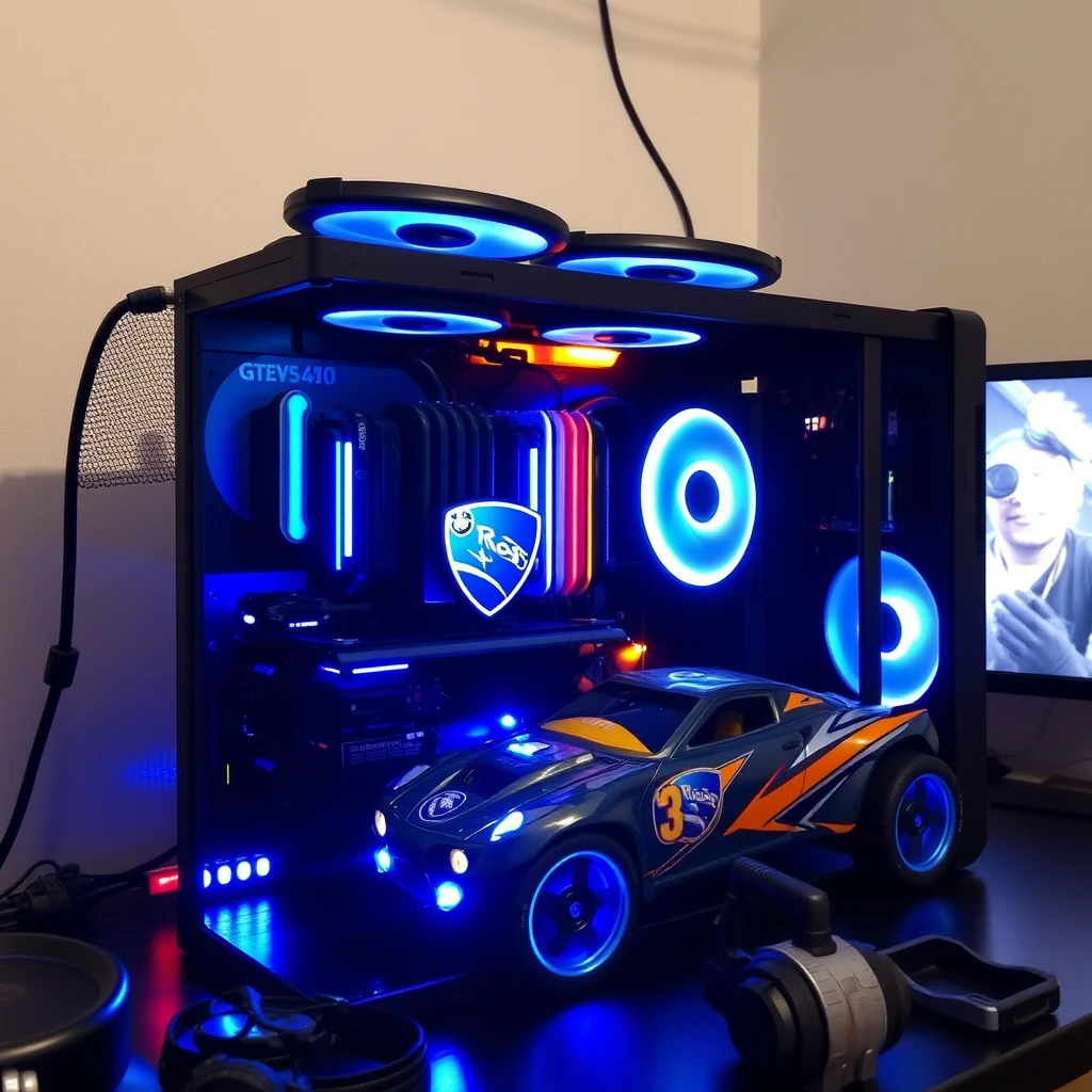 A desktop gaming PC full of Rocket League cars working on the parts.