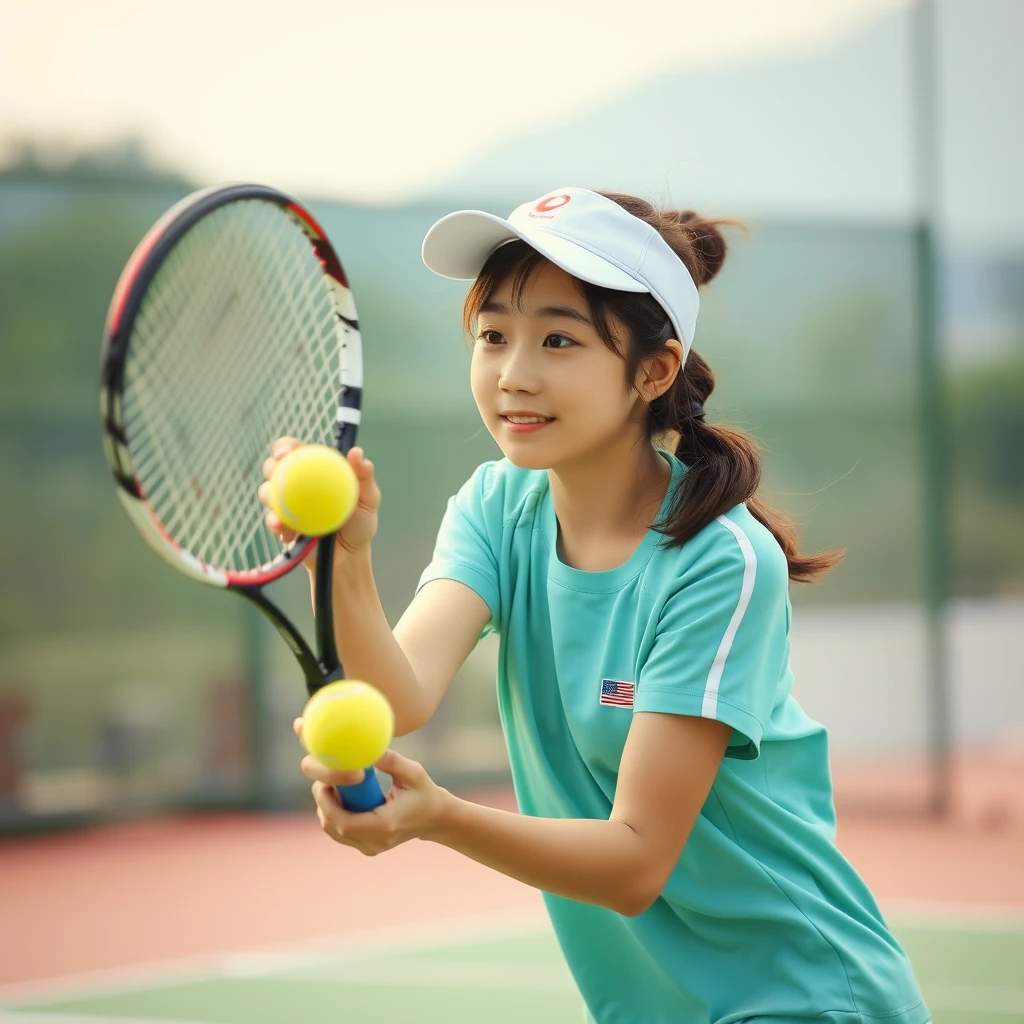 A Chinese girl playing tennis. - Image