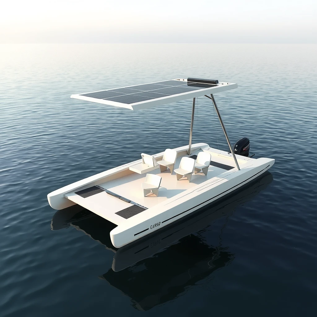 Smart minimalist design of an open hydrodynamic, 6 meter long catamaran boat with 6 seats, in a calm lake in Kashmir, the platform powered by batteries and thruster pods, with a foldable hard roof carrying solar panels over it. - Image