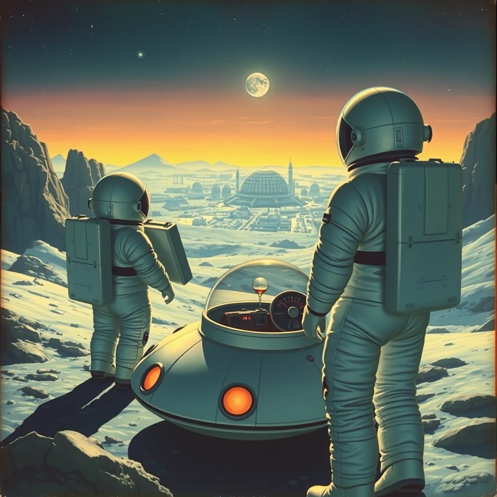 A moon-buggy and two astronauts are looking at a glass domed city in the distance, a painting by Chesley Bonestell. - Image