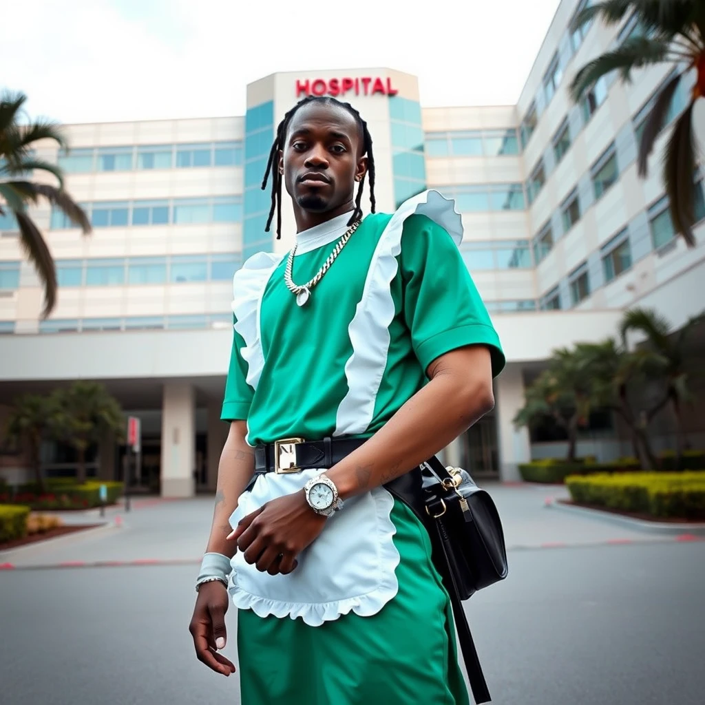 Travis Scott wearing a link maid costume standing and posing in front of a hospital. Realistic image. - Image