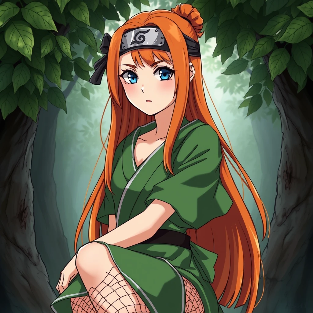 Naruto-style art, Masashi Kishimoto art, anime, Naruto manga, Naruto anime, original character, ginger hair, blue eyes, pretty woman, kunoichi, shinobi, Konoha, ginger long hair, GINGER HAIR, blue eyes, beautiful girl, beautiful young woman in Naruto style art, feminine, fishnets, village hidden in the leaves headband, fishnets, green kunoichi attire, feminine kunoichi attire, Naruto headband, fishnets tights on legs, flattering kunoichi fishnets with green outfit, long hair down and flowing, full body, older aged woman, Jonin, Jonin kunoichi, stylish outfit, mid 20’s in age.