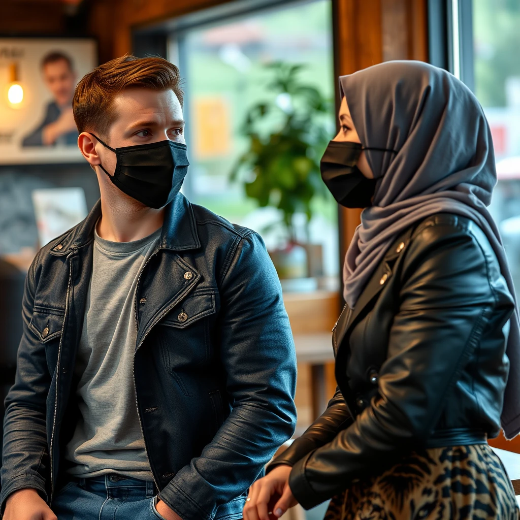 Jamie Dornan's head and body shot, handsome, black face mask, blue jeans jacket, jeans, dating a Muslim girl in a grey hijab, beautiful eyes, black face mask, black leather jacket, the biggest tiger pattern skirt, at a cafe, looking at each other, photorealistic. - Image