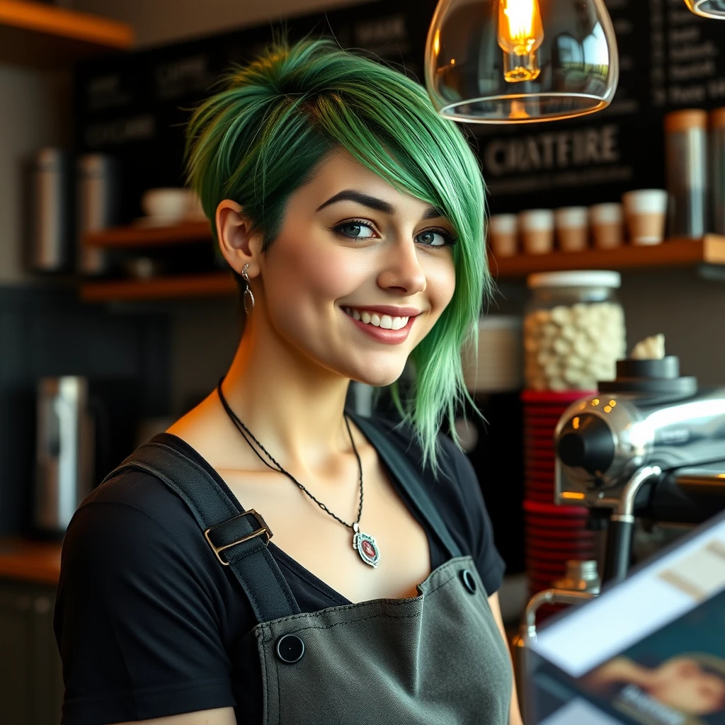 A female barista at a coffee shop. She has an alternative style, green hair, piercings, and is smiling.