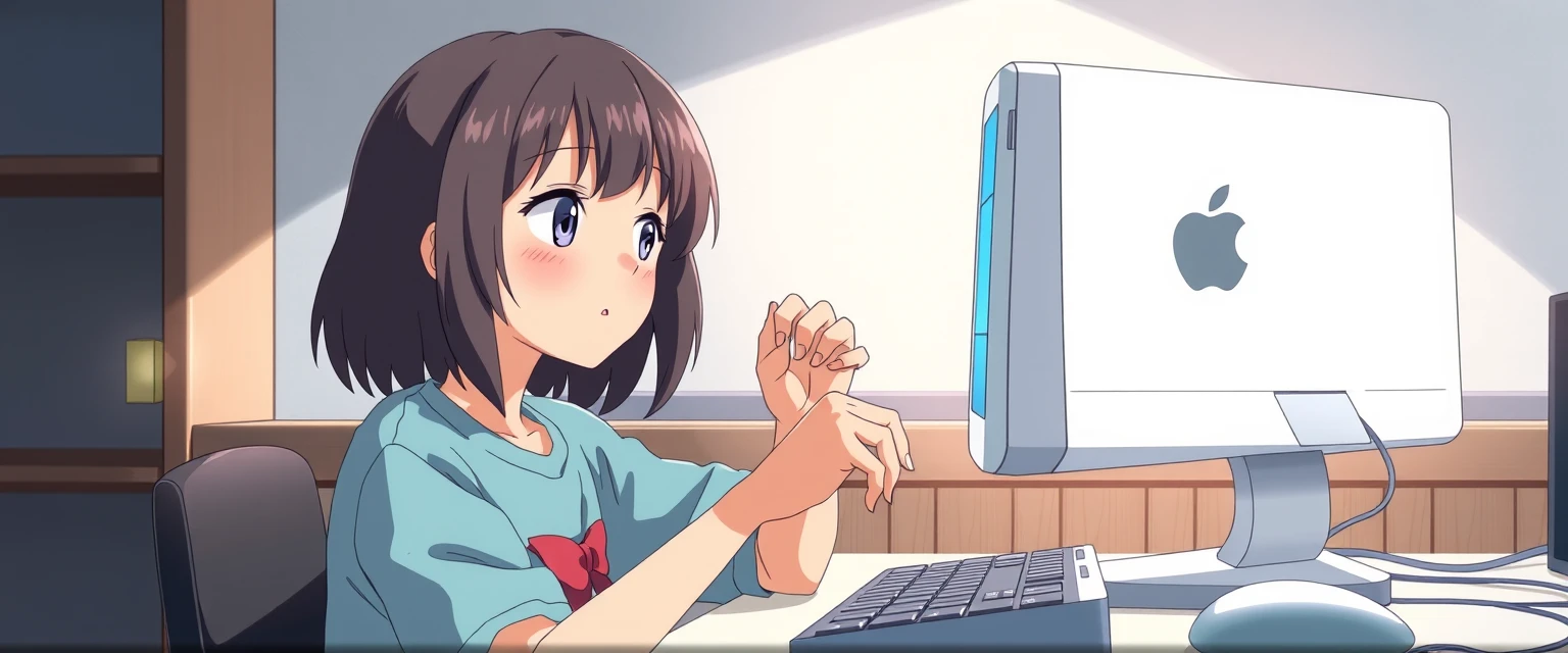 A young girl repairing an Apple computer in Japanese animation style. 16:9. - Image