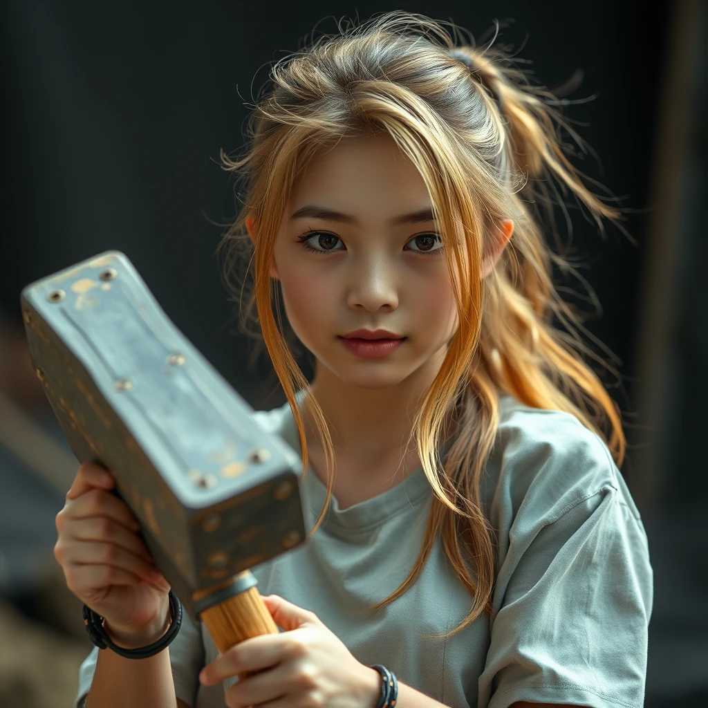 A 20-year-old Asian girl with golden hair holding a big hammer. Realistic photograph. - Image