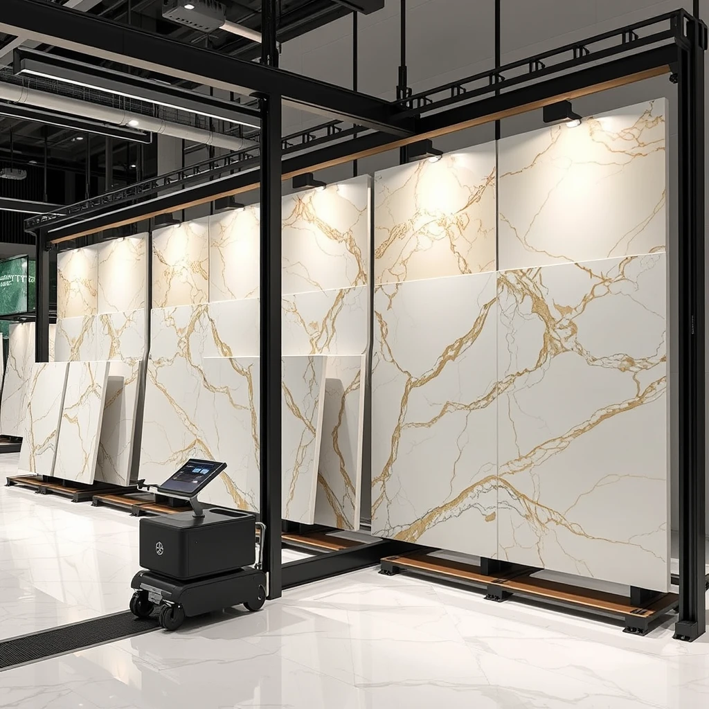 Smart, stylish automated display system that can hold large 4 meter sized, polished marble panels such that the marble panels can be carried upto the display arena using combination of overhead rails and AGVs, on arriving automatically arranging into 6 sets of L-shaped bookmatch format, for best viewing experience. - Image