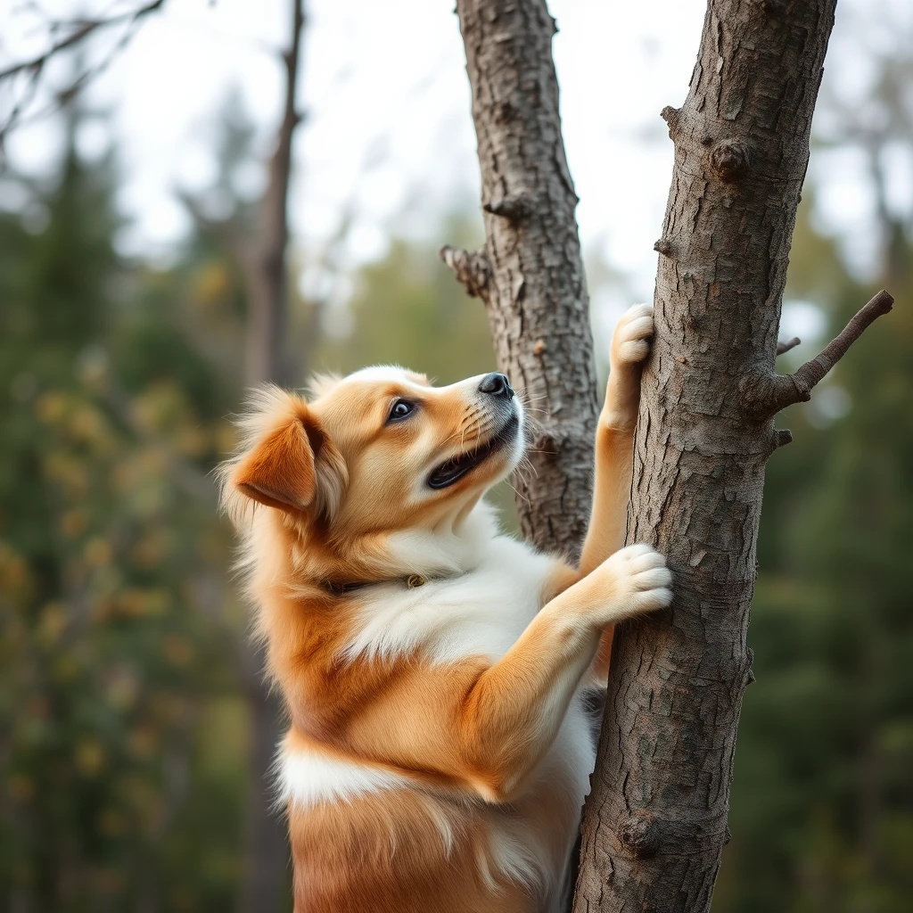 A dog climbing a tree