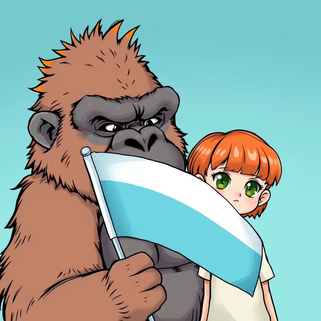 Fierce gorilla holding a three-striped flag in light blue, white, and light blue, next to a cute ginger-haired, green-eyed teenage girl with bangs in comic style.