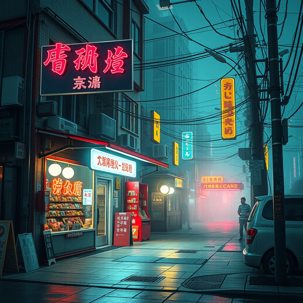 shop, bright surrounding, nobody, cyberpunk - Image