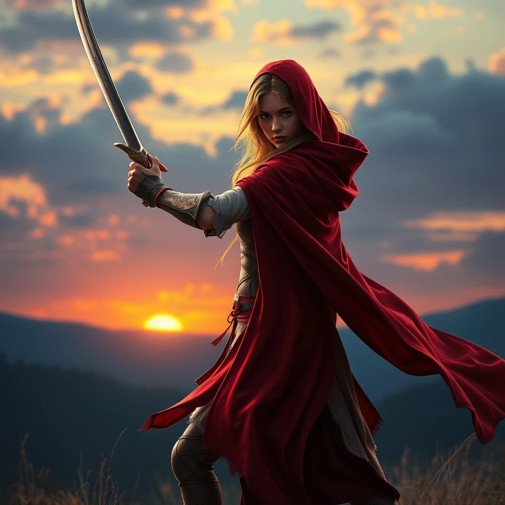 Photorealistic: Fantasy heroine with a red cloak swinging a sword at sunrise.