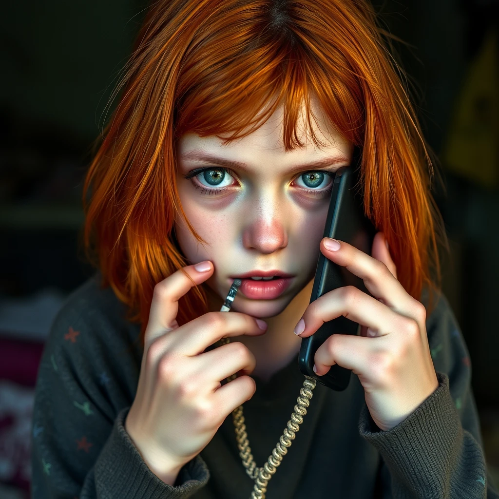 annoying redhead young girl, green eyes, short, eating disorder, eye bags, holding phone close to face, bloodshot eyes, smoking, poverty setting, holding noose in hand