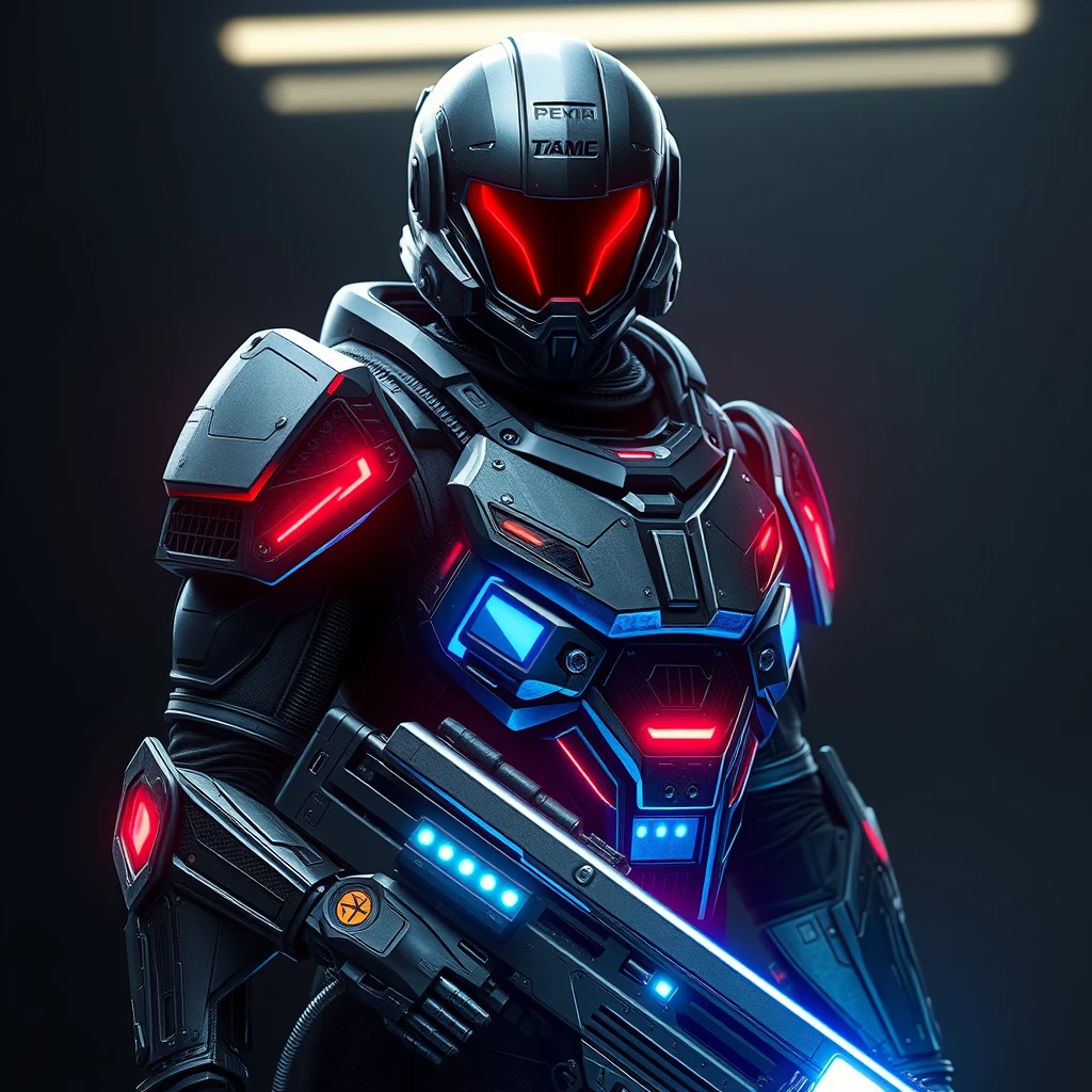 'Future warrior with a super modern laser armor, cyberpunk style.' - Image