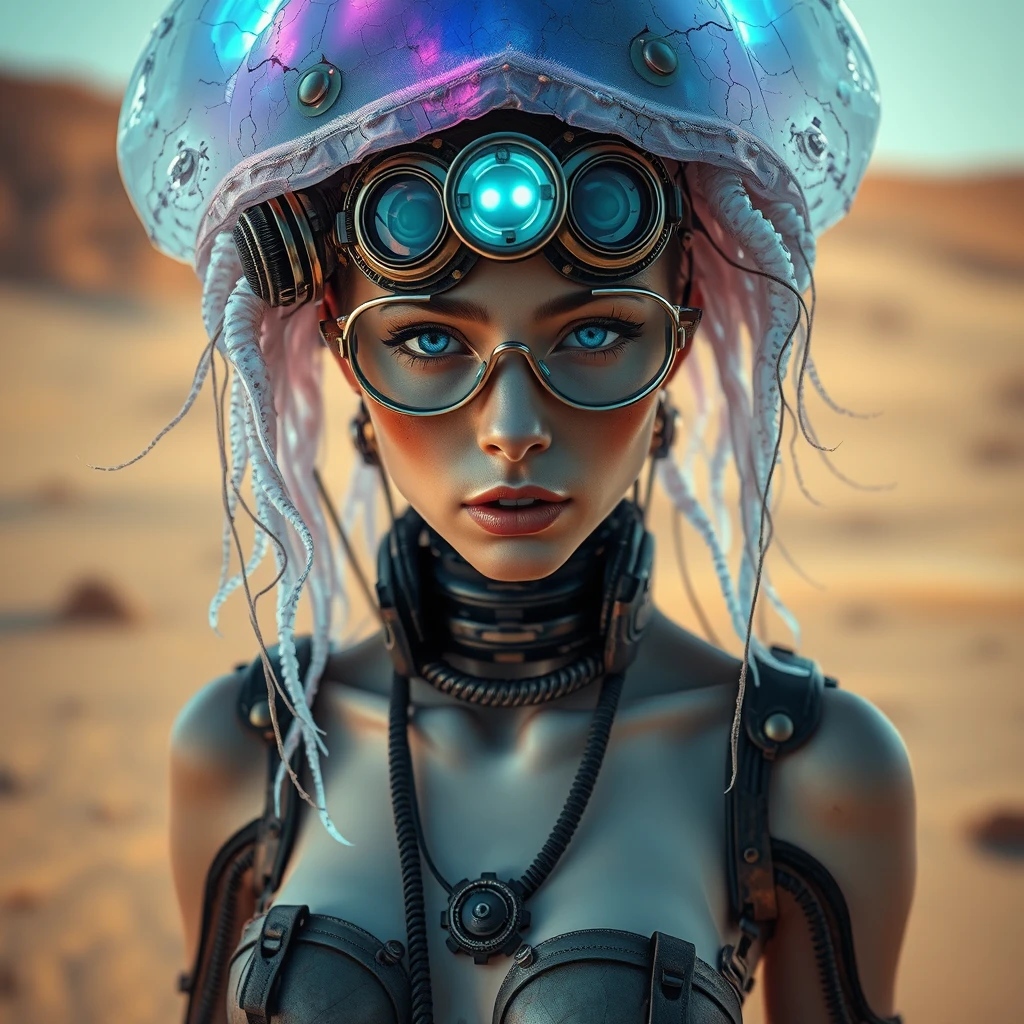 Ethereal cyborg woman, bioluminescent jellyfish headdress. Steampunk goggles blend with translucent tentacles. Cracked porcelain skin meets iridescent scales. Mechanical implants and delicate tendrils intertwine. Human features with otherworldly glow. Dreamy aquatic hues contrast weathered metal. Reflective eyes capture unseen worlds. Soft bioluminescence meets harsh desert backdrop. Fusion of organic and synthetic, ancient and futuristic. Hyper-detailed textures, surreal atmosphere.