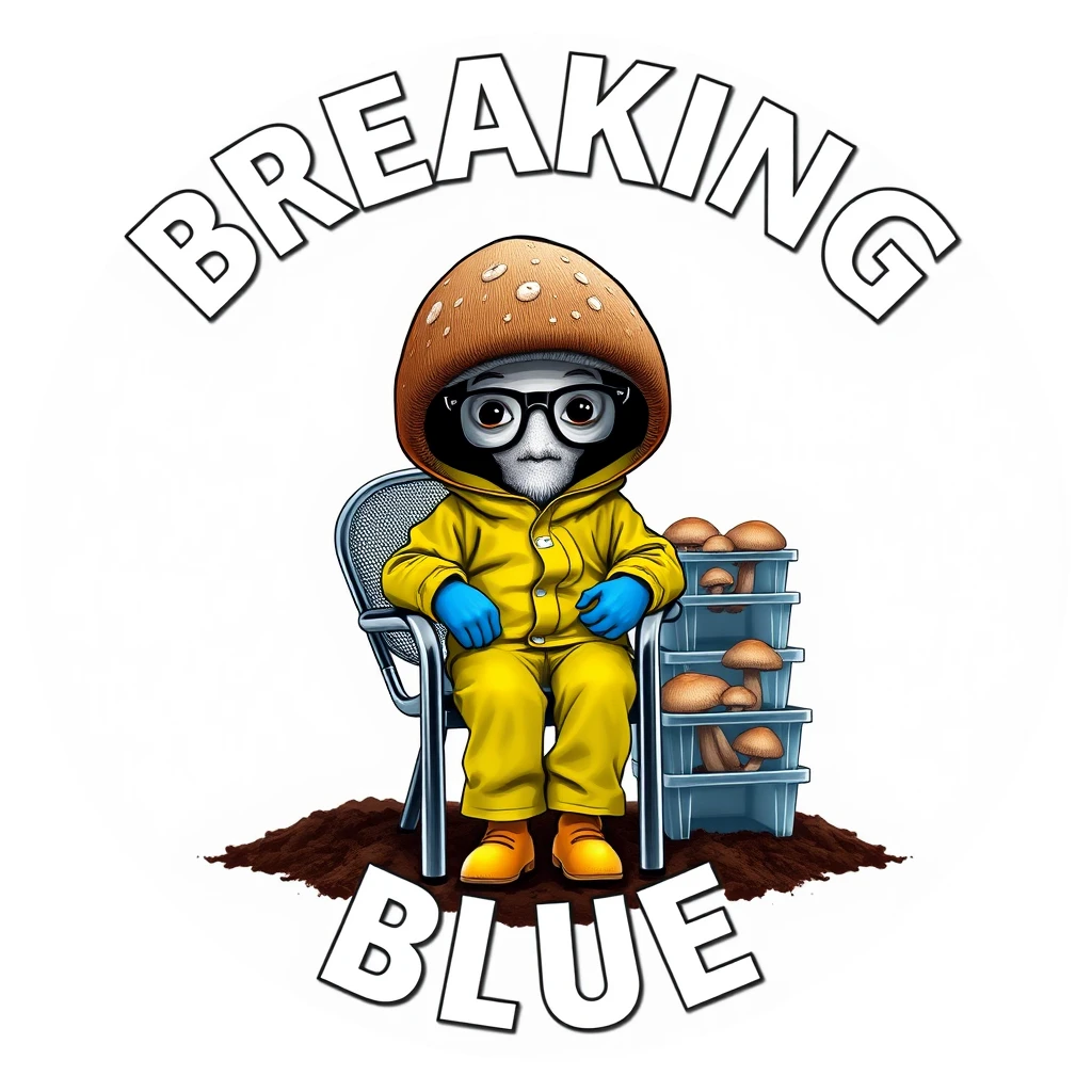 Create a realistic logo featuring a title in large painted typography saying "BREAKING BLUE". In the logo, a realistic brown cap white stem mushroom character wearing a yellow hazmat suit is sitting on a metal chair. Front facing. Dark rim glasses. Stacked clear rectangular plastic totes are full of brown cap white stem mushrooms growing from brown soil. Circular border. Parodying Breaking Bad.