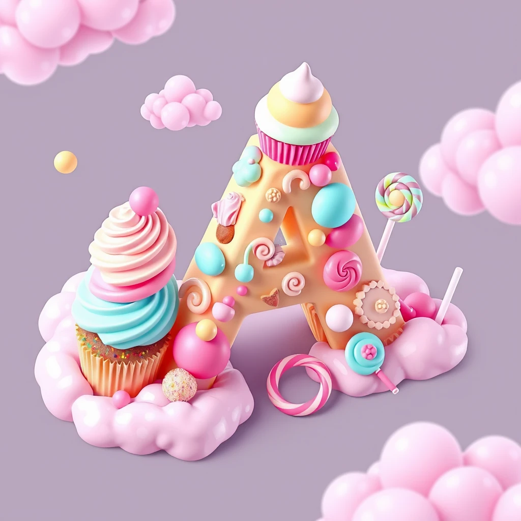 A 3D isometric letter "A" made from desserts. Includes cupcakes with neon frosting, ice cream cones, and lollipops. Surrounded by pastel candy clouds. Neon colors. - Image