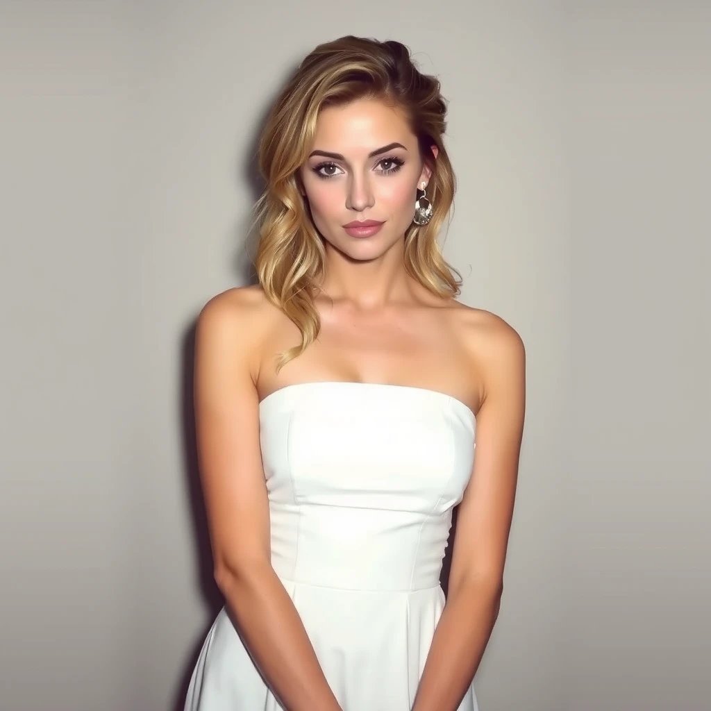 The image features a woman with her hair styled in loose waves, wearing a strapless white dress against a neutral background. - Image