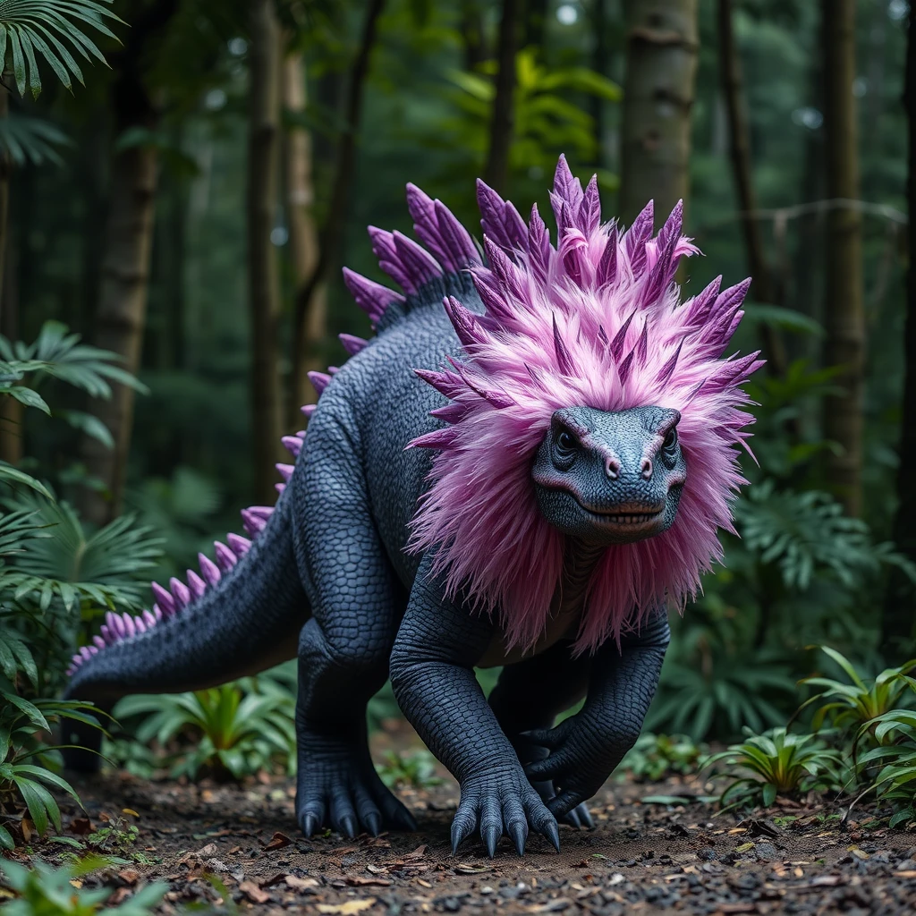 A hyper-realistic purple spiked dinosaur covered with a frill of pink feathers is roaming a lush forest, about to step on the camera. - Image