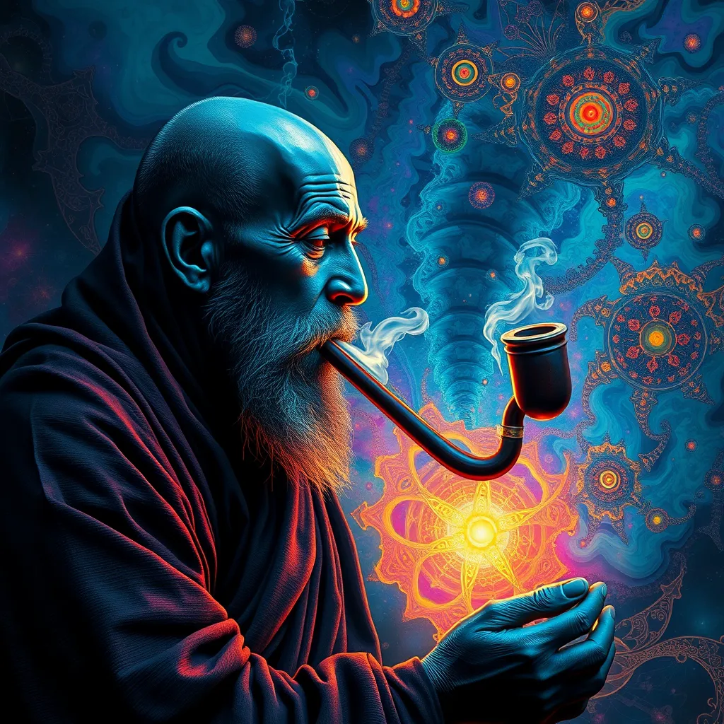 Dark monk smoking DMT from a pipe and breaking through to another dimension full of multicolored fractals. - Image