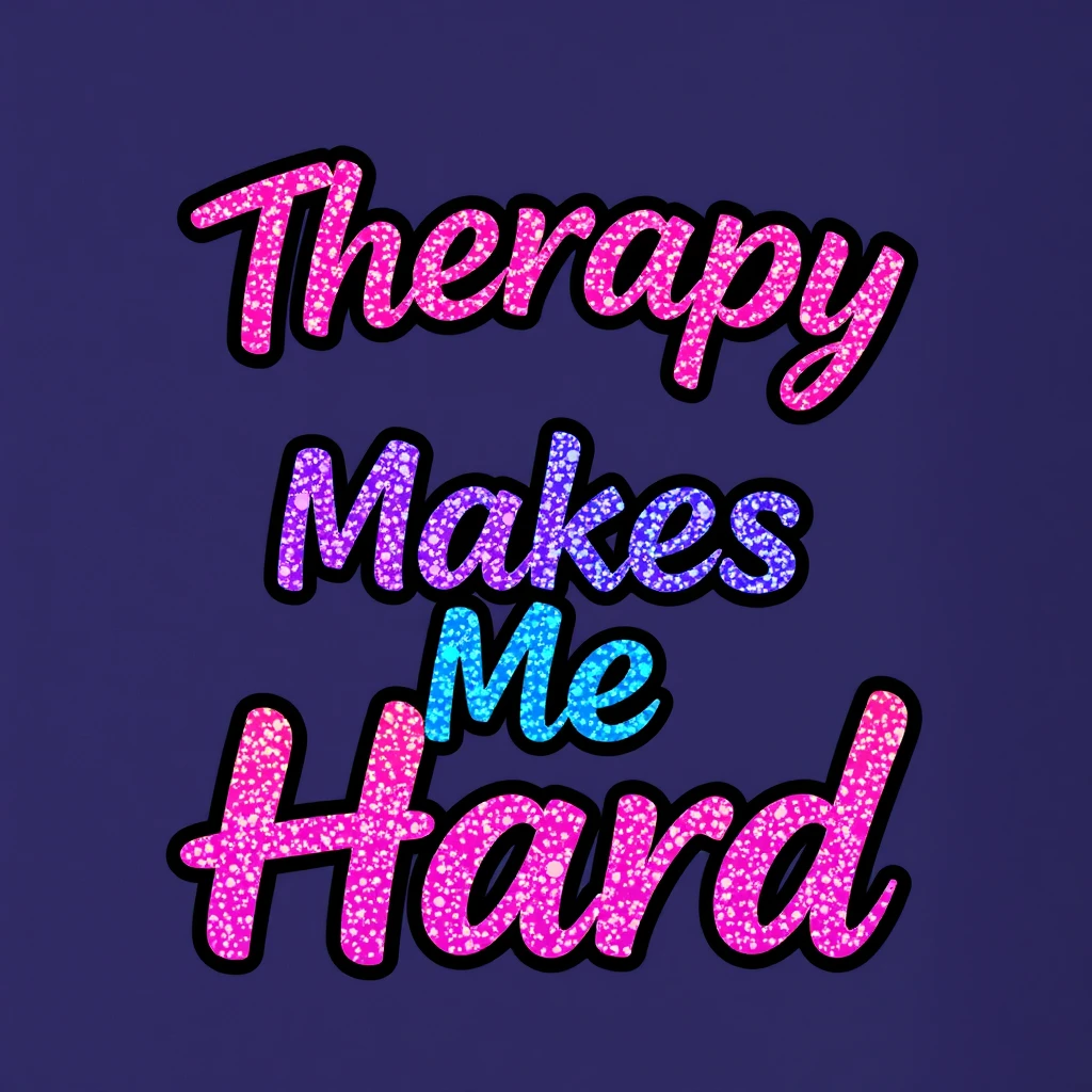 T-shirt design featuring fantastic vibrant glitter with an iridescent effect and ethereal text that says "Therapy Makes Me Hard," with each word in a different vibrant color.