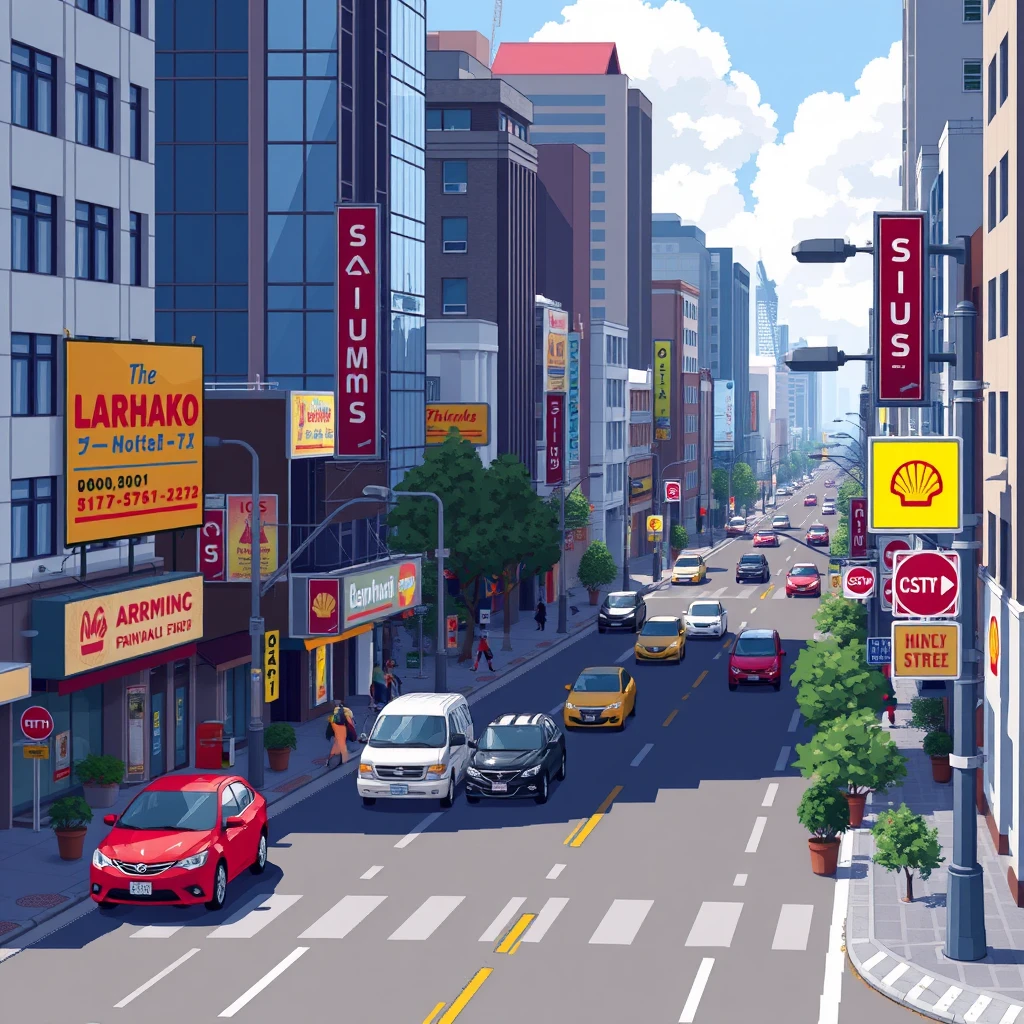 Urban streets, commercial streets, roads, vehicles, pixel art - Image