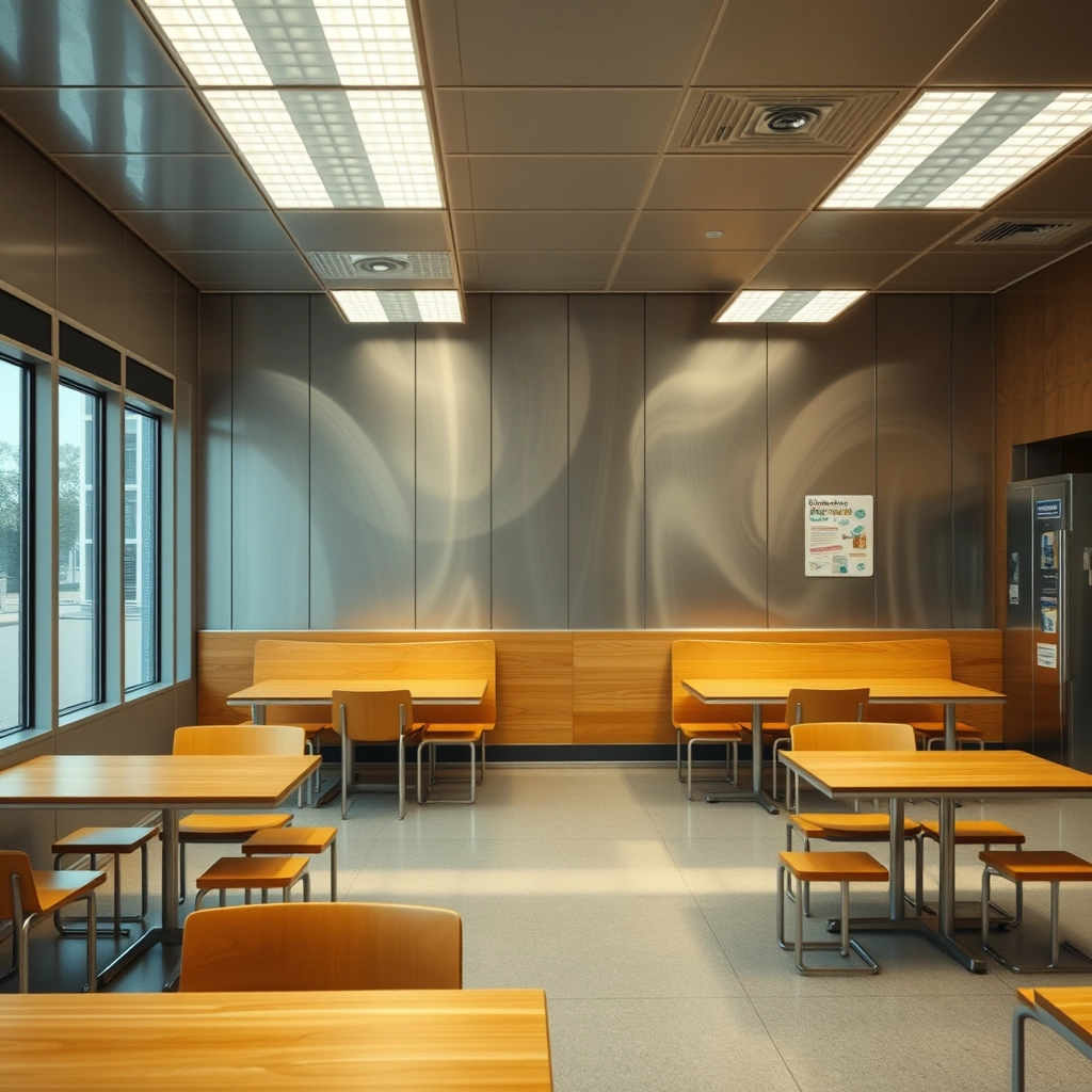 interior, school canteen, modern, aluminium panel, movie scene