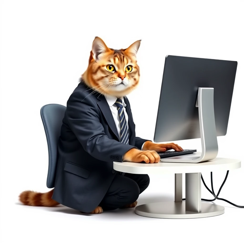 A working cat in a business suit, sitting at a desk and working on a computer. The background is white, with a modern and clean style, highlighting the cat’s professional attire and work posture.