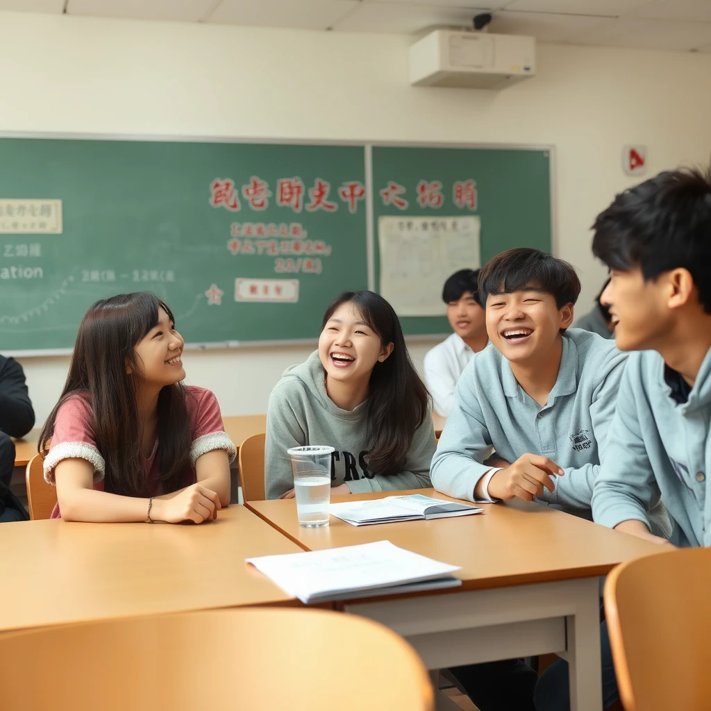 In the classroom, during the break, some students are chatting and laughing, and there are Chinese characters.