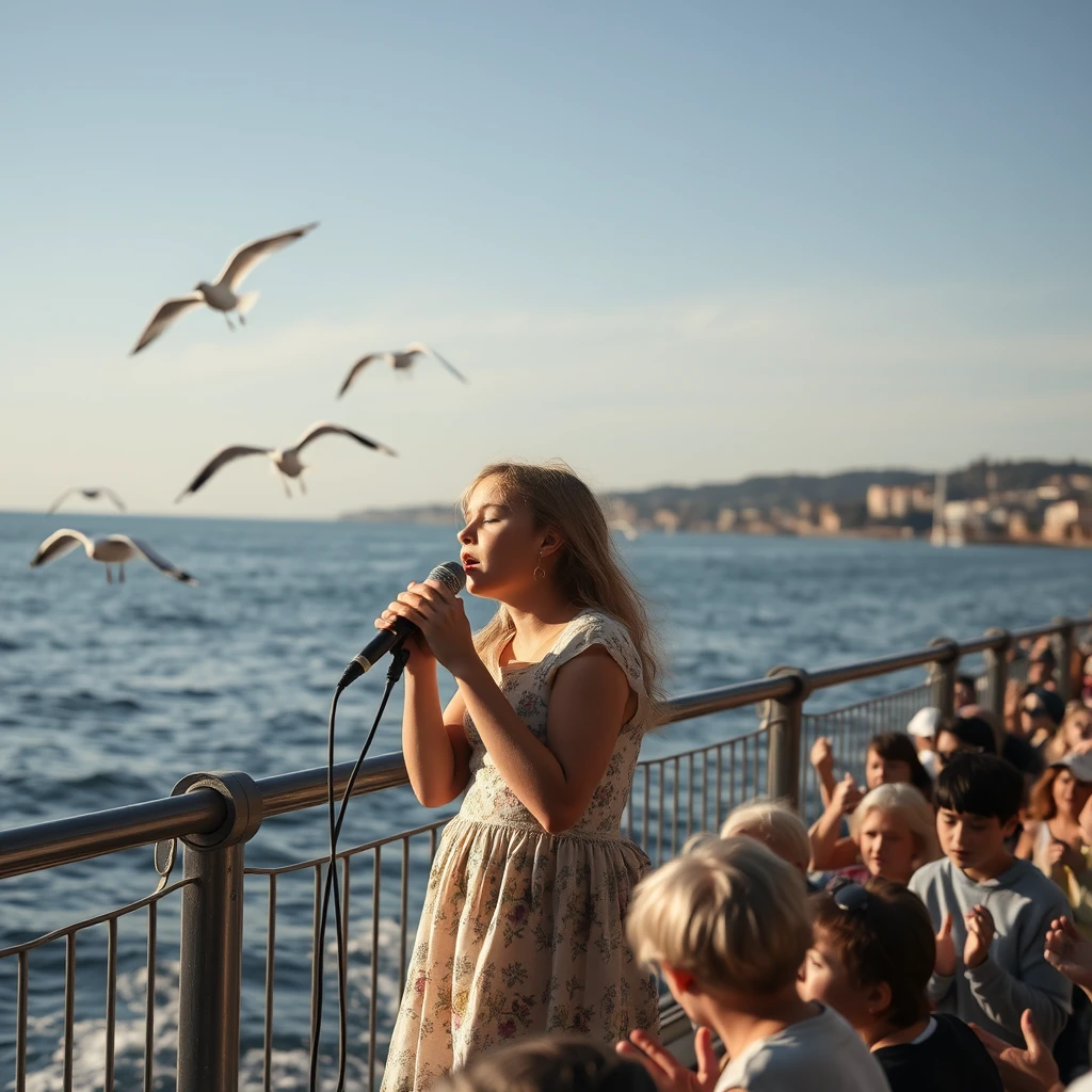 A girl singing by the seaside, seagulls flying on the sea, and a crowd applauding in the bottom right corner, real photography.